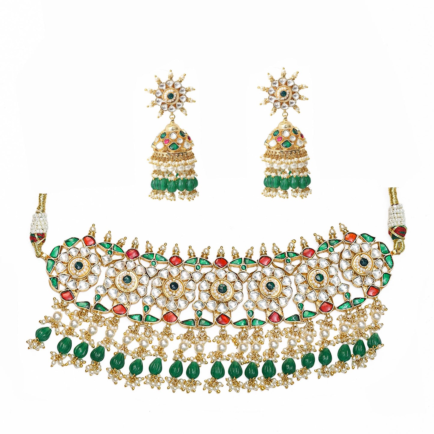 Gold Kundan Bridal Choker Set with Jhumka Earrings, Red Green Stone Necklace, Indian Wedding Jewelry Set, Pearl Drop Bridal Jewelry