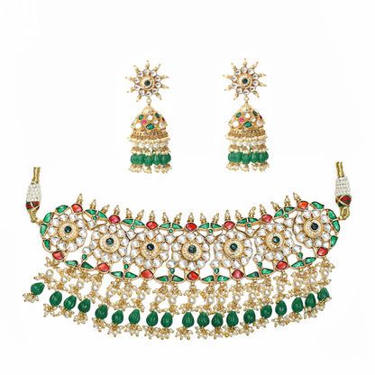 Gold Kundan Bridal Choker Set with Jhumka Earrings, Red Green Stone Necklace, Indian Wedding Jewelry Set, Pearl Drop Bridal Jewelry