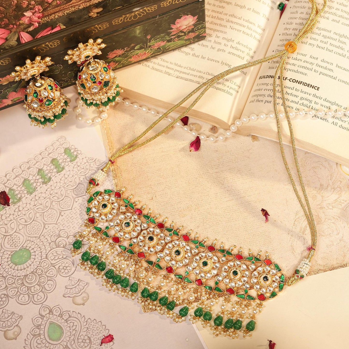 Gold Kundan Bridal Choker Set with Jhumka Earrings, Red Green Stone Necklace, Indian Wedding Jewelry Set, Pearl Drop Bridal Jewelry