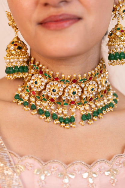 Gold Kundan Bridal Choker Set with Jhumka Earrings, Red Green Stone Necklace, Indian Wedding Jewelry Set, Pearl Drop Bridal Jewelry