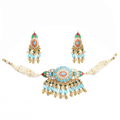 Blue Kundan Choker Necklace Set with Earrings, Bridal Jewelry, Pearl Multi Strand Choker, Polki Wedding Jewelry, Ethnic Necklace Jewelry