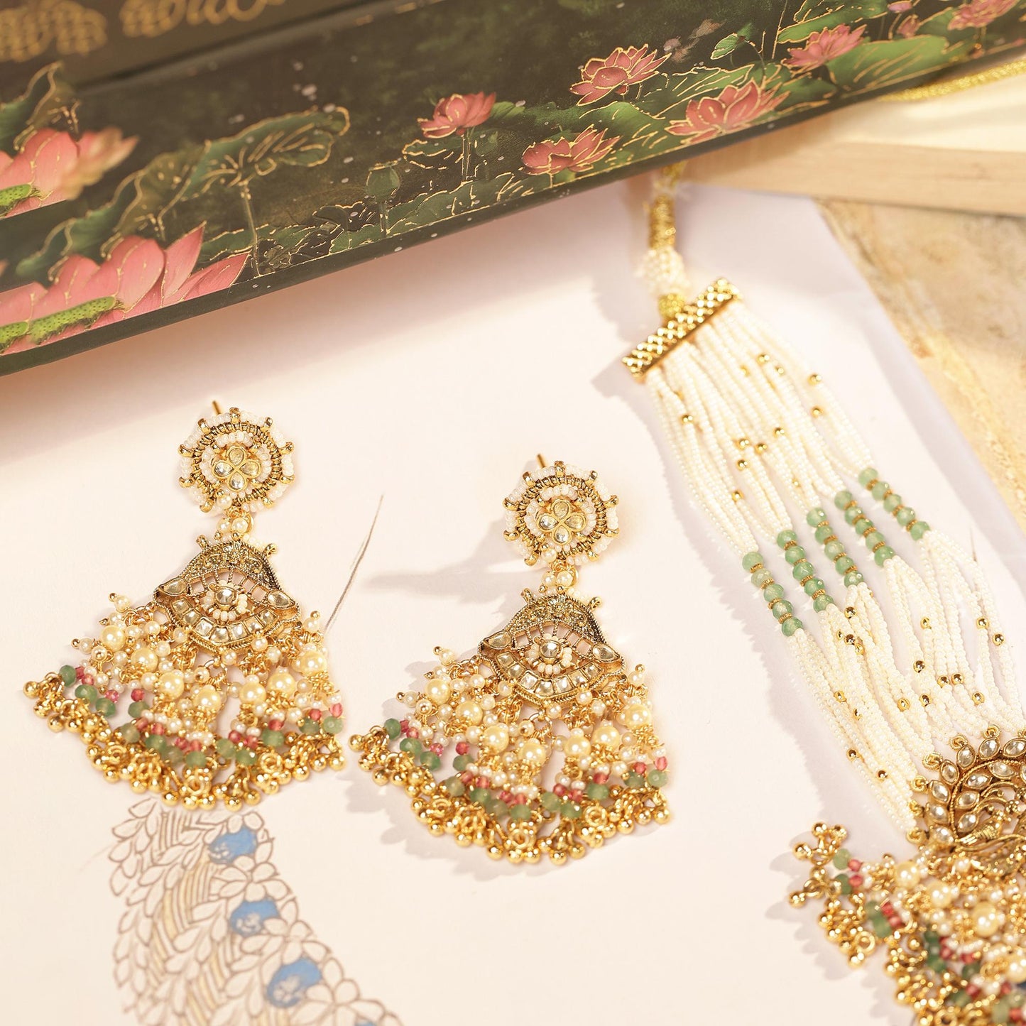 Bridal Choker Necklace Set with Jhumka Earrings, Pearl Multi Strand Indian Wedding Jewelry, Polki Gold Choker, Ethnic Bridal Jewelry Set