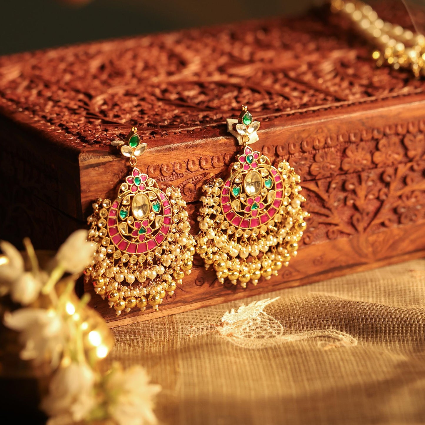Gold Plated Kundan Pendant Set with Pearl Drop Earrings & Maang Tikka, Indian Wedding Jewelry Set