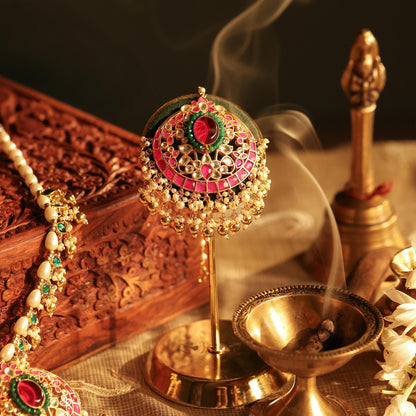 Gold Plated Kundan Pendant Set with Pearl Drop Earrings & Maang Tikka, Indian Wedding Jewelry Set