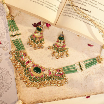 Green Kundan Choker Set Indian Bridal Jewelry Pearl Drop Earrings Jewelry Gift for her