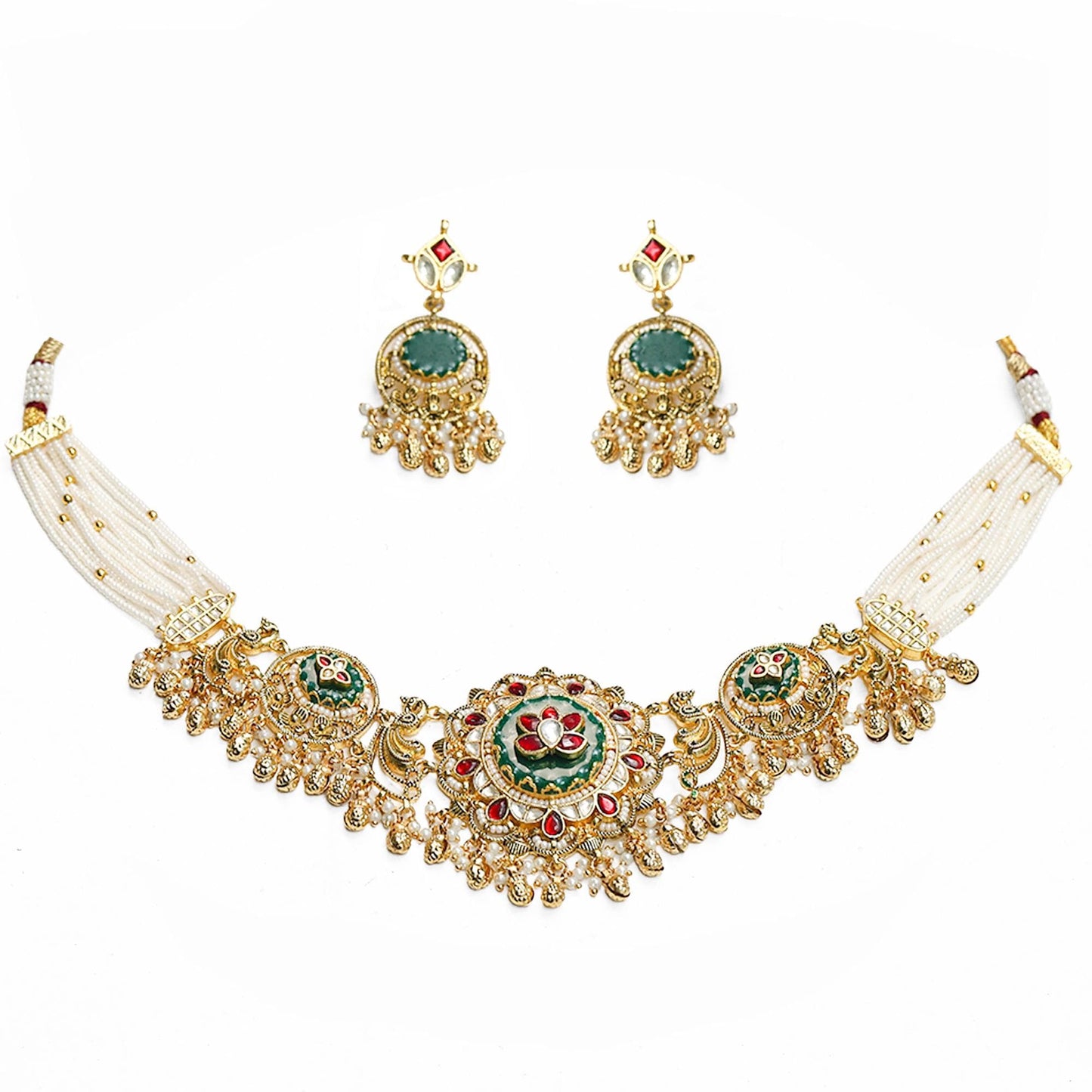 Bridal Choker Necklace Set with Jhumka Earrings, Pearl Multi Strand Indian Wedding Jewelry, Polki Gold Choker, Ethnic Bridal Jewelry Set