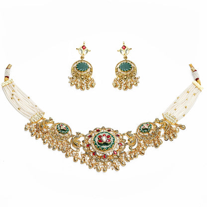 Bridal Choker Necklace Set with Jhumka Earrings, Pearl Multi Strand Indian Wedding Jewelry, Polki Gold Choker, Ethnic Bridal Jewelry Set