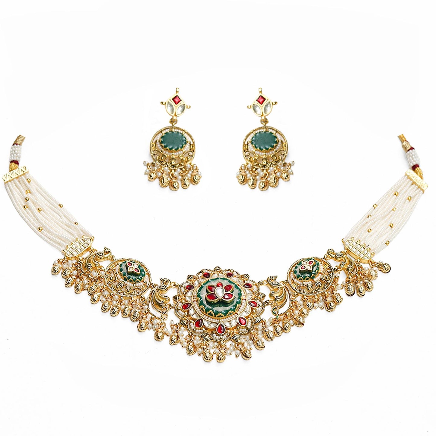 Bridal Choker Necklace Set with Jhumka Earrings, Pearl Multi Strand Indian Wedding Jewelry, Polki Gold Choker, Ethnic Bridal Jewelry Set