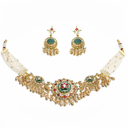 Bridal Choker Necklace Set with Jhumka Earrings, Pearl Multi Strand Indian Wedding Jewelry, Polki Gold Choker, Ethnic Bridal Jewelry Set