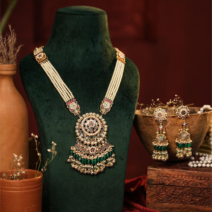 Gold Plated Kundan Pendant Set with Pearl Drop Earrings & Maang Tikka, Indian Wedding Jewelry Set