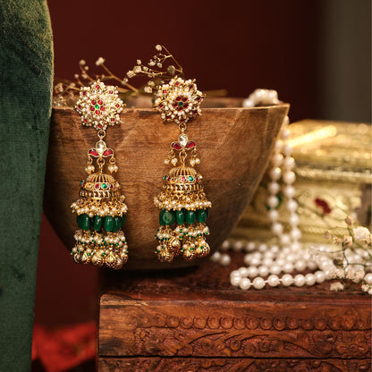 Gold Plated Kundan Pendant Set with Pearl Drop Earrings & Maang Tikka, Indian Wedding Jewelry Set