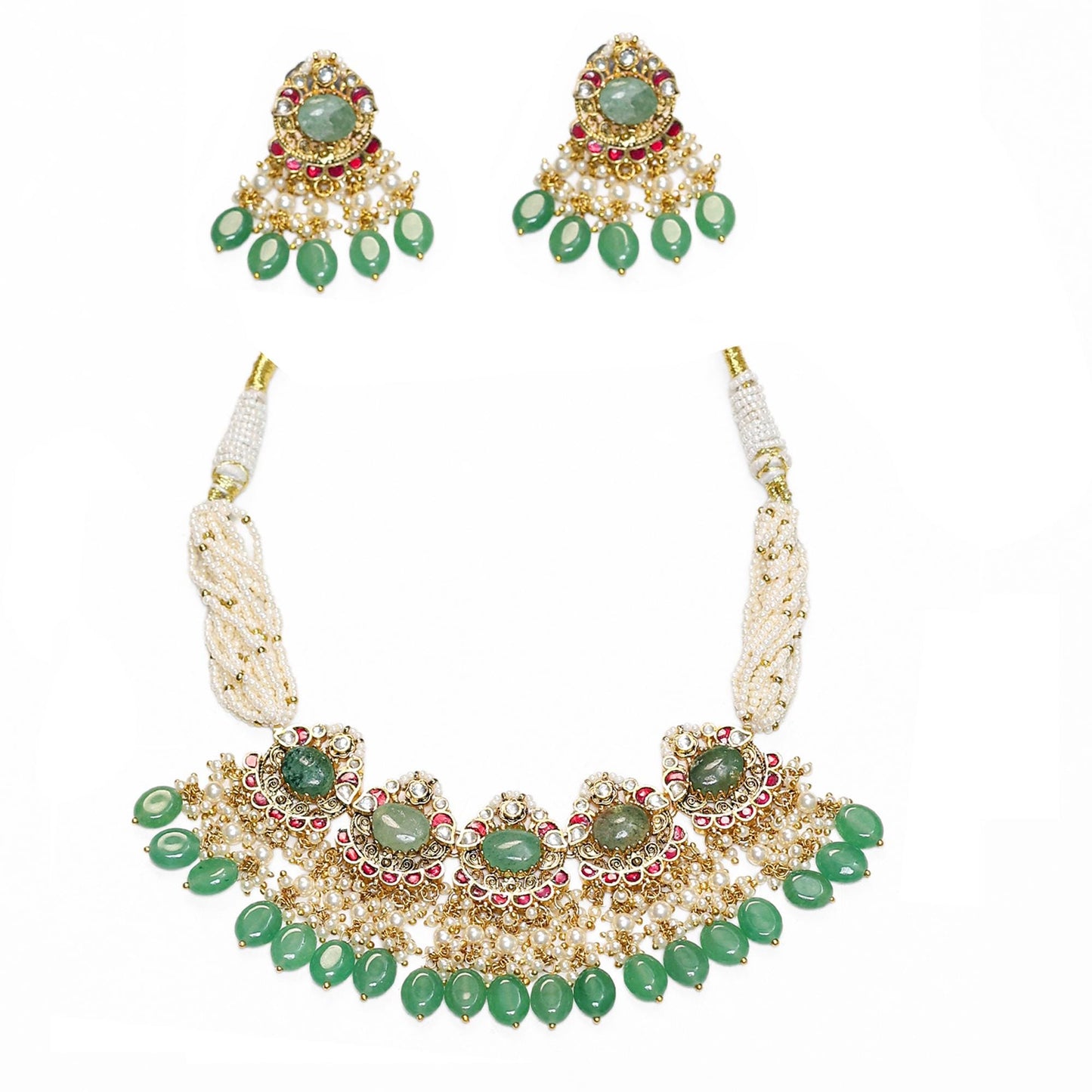 Green Kundan Choker Set with Pearl Drop Earrings, Indian Bridal Jewelry, Gold Plated Wedding Necklace Set