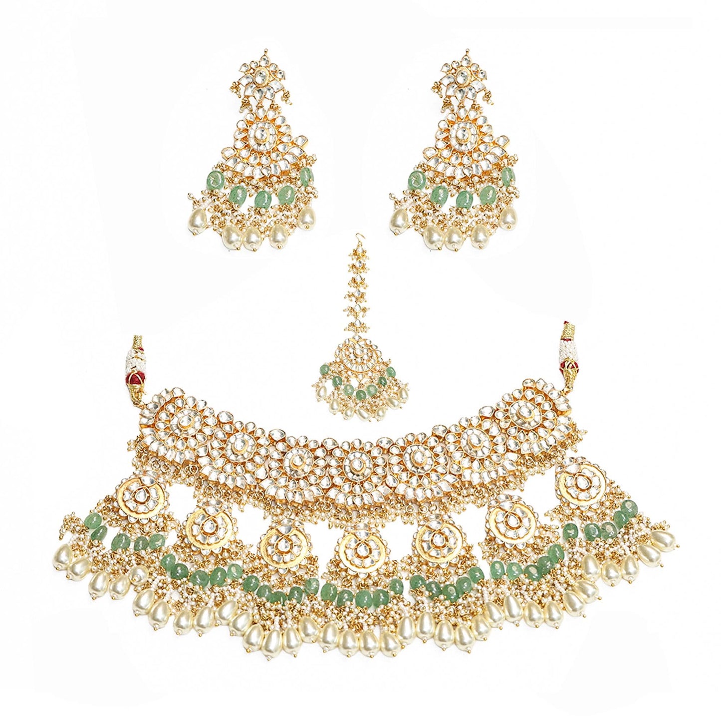 Kundan Choker Set Jewelry with Green Beads, Bridal Necklace Set with Drop Earrings, Indian Wedding Jewelry