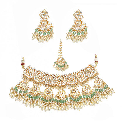 Kundan Choker Set Jewelry with Green Beads, Bridal Necklace Set with Drop Earrings, Indian Wedding Jewelry
