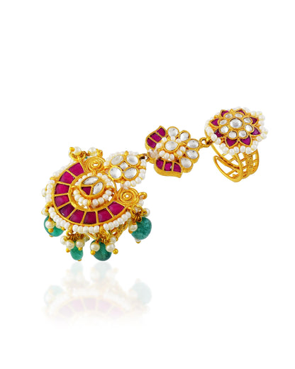 Gold Plated Kundan Pearl Meenakari Statement Ring, Pink Green Ethnic Bridal Jewelry