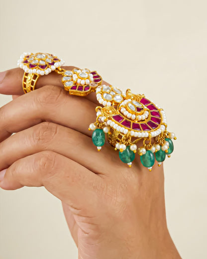 Gold Plated Kundan Pearl Meenakari Statement Ring, Pink Green Ethnic Bridal Jewelry