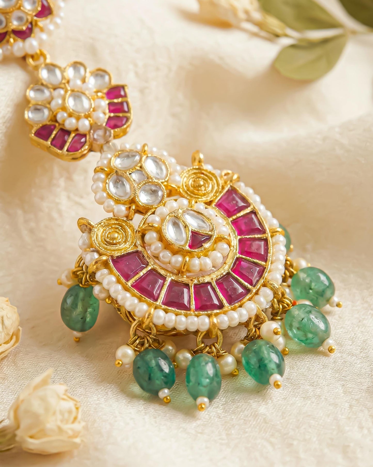 Gold Plated Kundan Pearl Meenakari Statement Ring, Pink Green Ethnic Bridal Jewelry