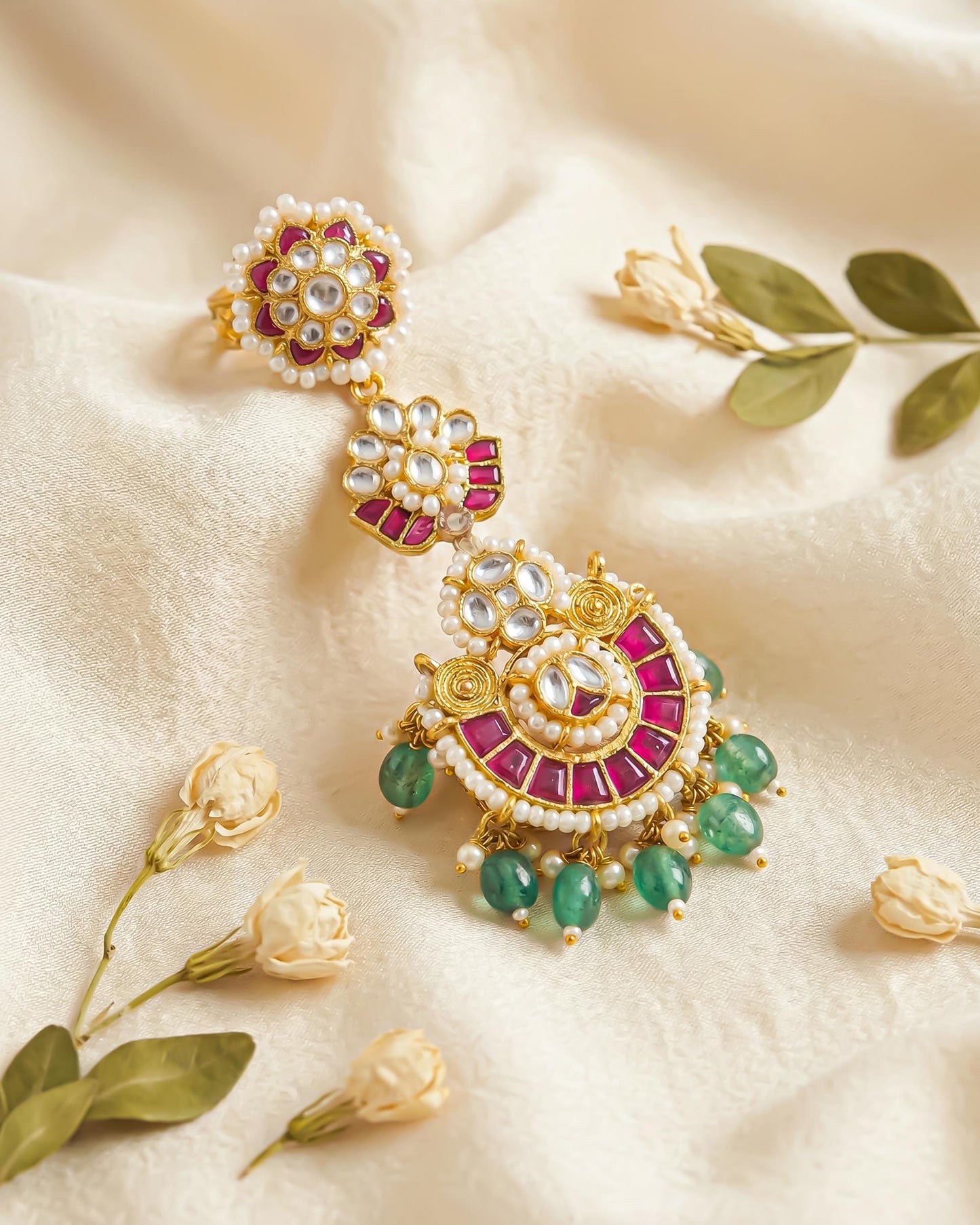 Gold Plated Kundan Pearl Meenakari Statement Ring, Pink Green Ethnic Bridal Jewelry
