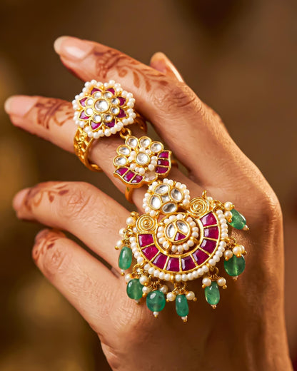 Gold Plated Kundan Pearl Meenakari Statement Ring, Pink Green Ethnic Bridal Jewelry