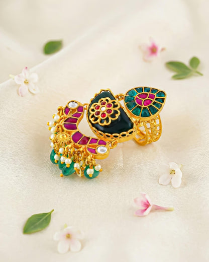 Gold Plated Kundan Meenakari Ring, Green Pearl Bridal Statement Jewelry, Adjustable Ethnic Ring