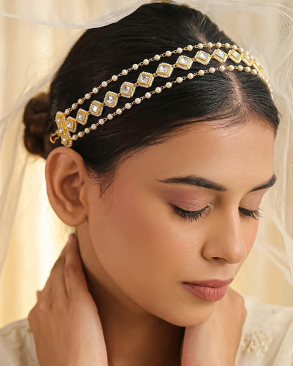 Kundan Pearl Matha Patti Headpiece, Gold Boho Bridal Wedding Hair Accessory