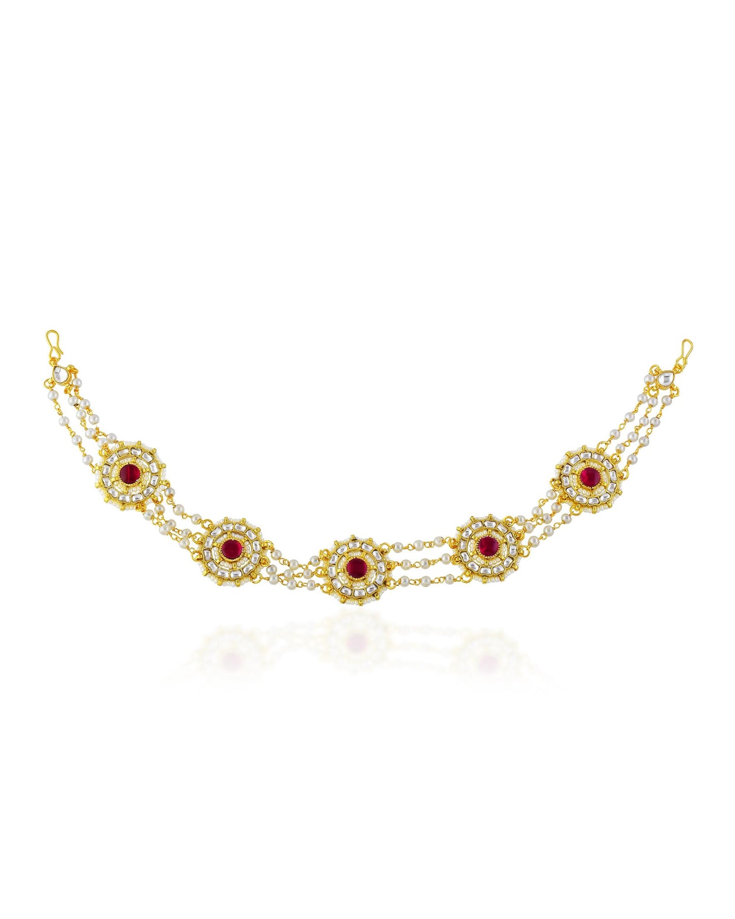 Kundan Pearl Matha Patti, Gold Red Boho Bridal Wedding Headpiece