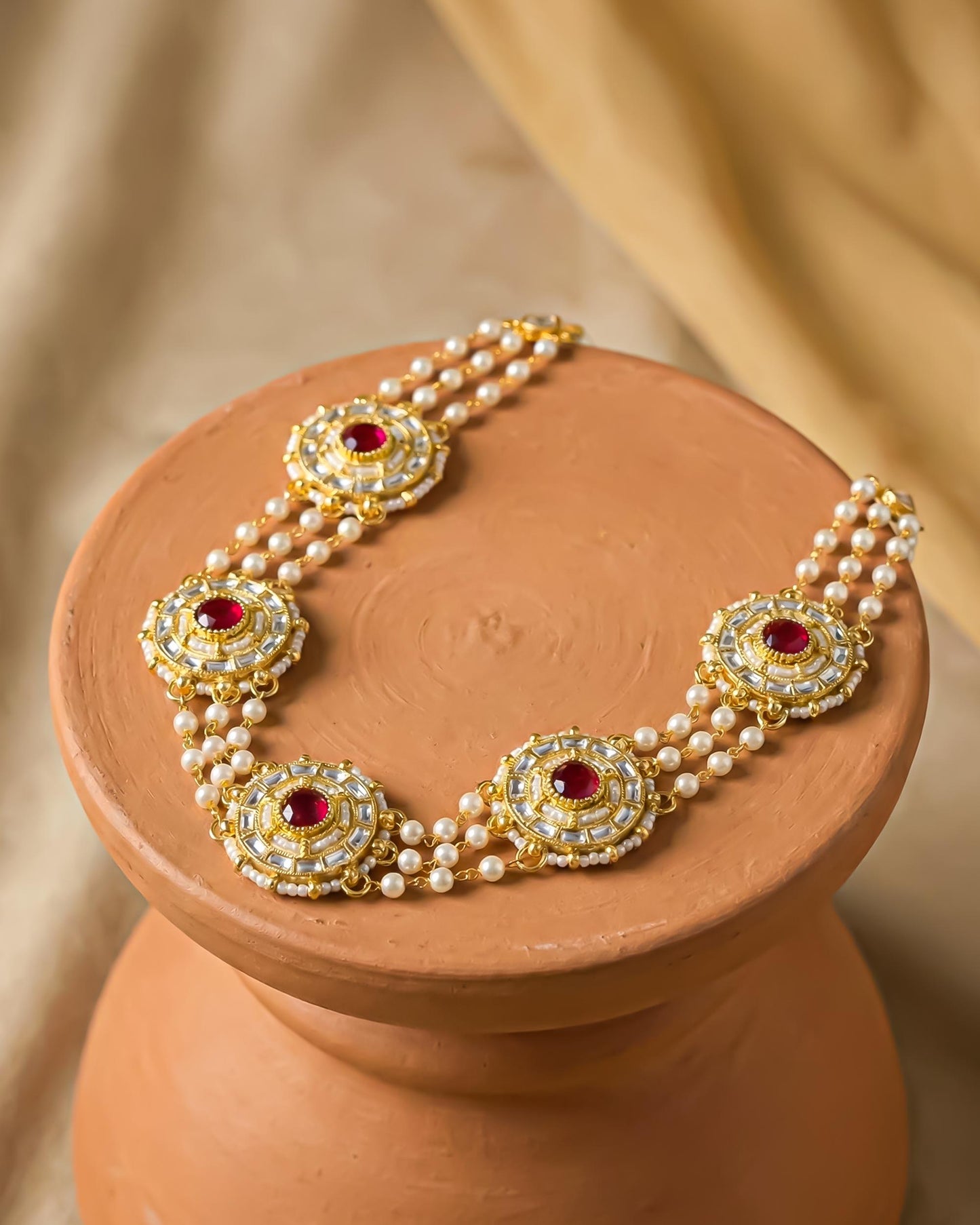 Kundan Pearl Matha Patti, Gold Red Boho Bridal Wedding Headpiece