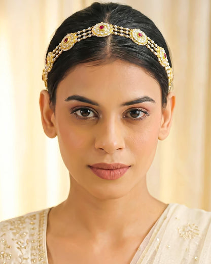 Kundan Pearl Matha Patti, Gold Red Boho Bridal Wedding Headpiece