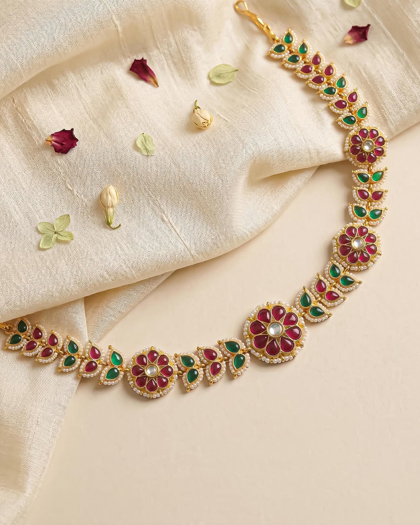 Handmade Kundan Pearl Matha Patti, Red Green Floral Bridal Headpiece, Boho Ethnic Jewelry