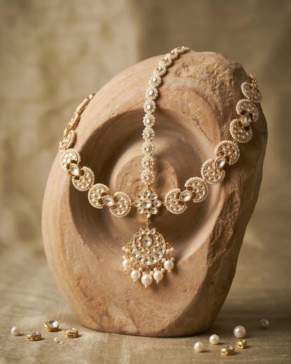 Kundan Sheeshpatti with Maang Tikka, Pearl Bridal Headpiece, Indian Wedding Jewelry