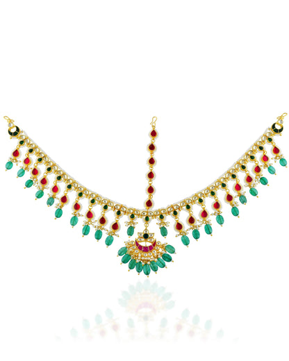 Indian Bridal Kundan Pearl Sheeshpatti Matha Patti Headpiece, Gold Wedding Tikka with Ruby & Green Stones, Bridal Hair Accessory