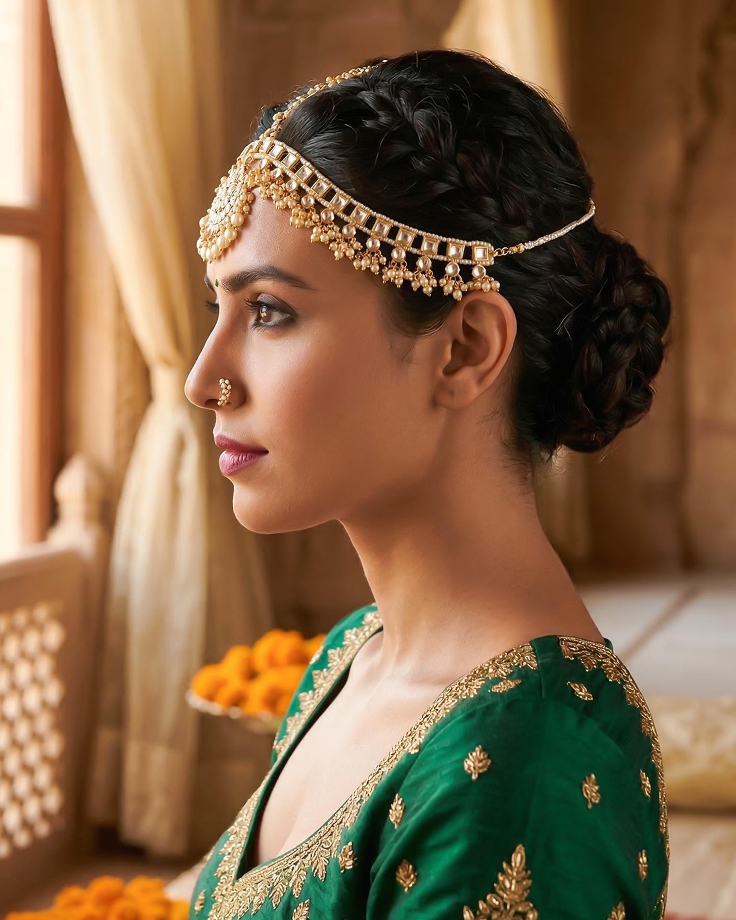 Handmade Gold Kundan Pearl Bridal Sheeshpatti Maang Tikka Headpiece, Traditional Mughal-inspired Wedding Jewelry, Bridal Head Jewelry Set