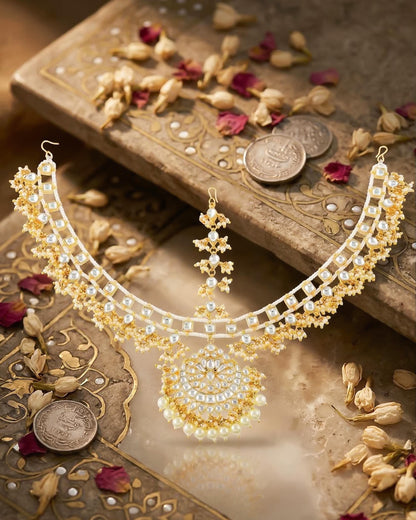 Handmade Gold Kundan Pearl Bridal Sheeshpatti Maang Tikka Headpiece, Traditional Mughal-inspired Wedding Jewelry, Bridal Head Jewelry Set