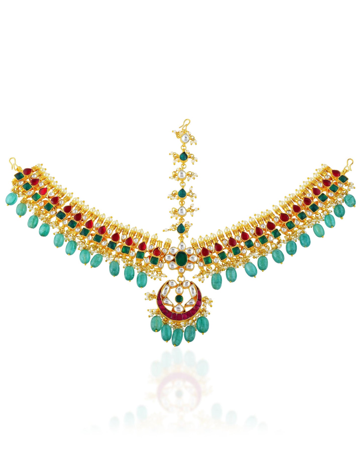 Gold Kundan Pearl Bridal Sheeshpatti Matha Patti Headpiece, Red Green Wedding Jewelry