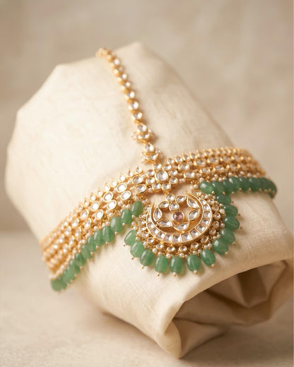 Gold Kundan Pearl Maang Tikka Set, Indian Bridal Headpiece, Wedding Jewelry