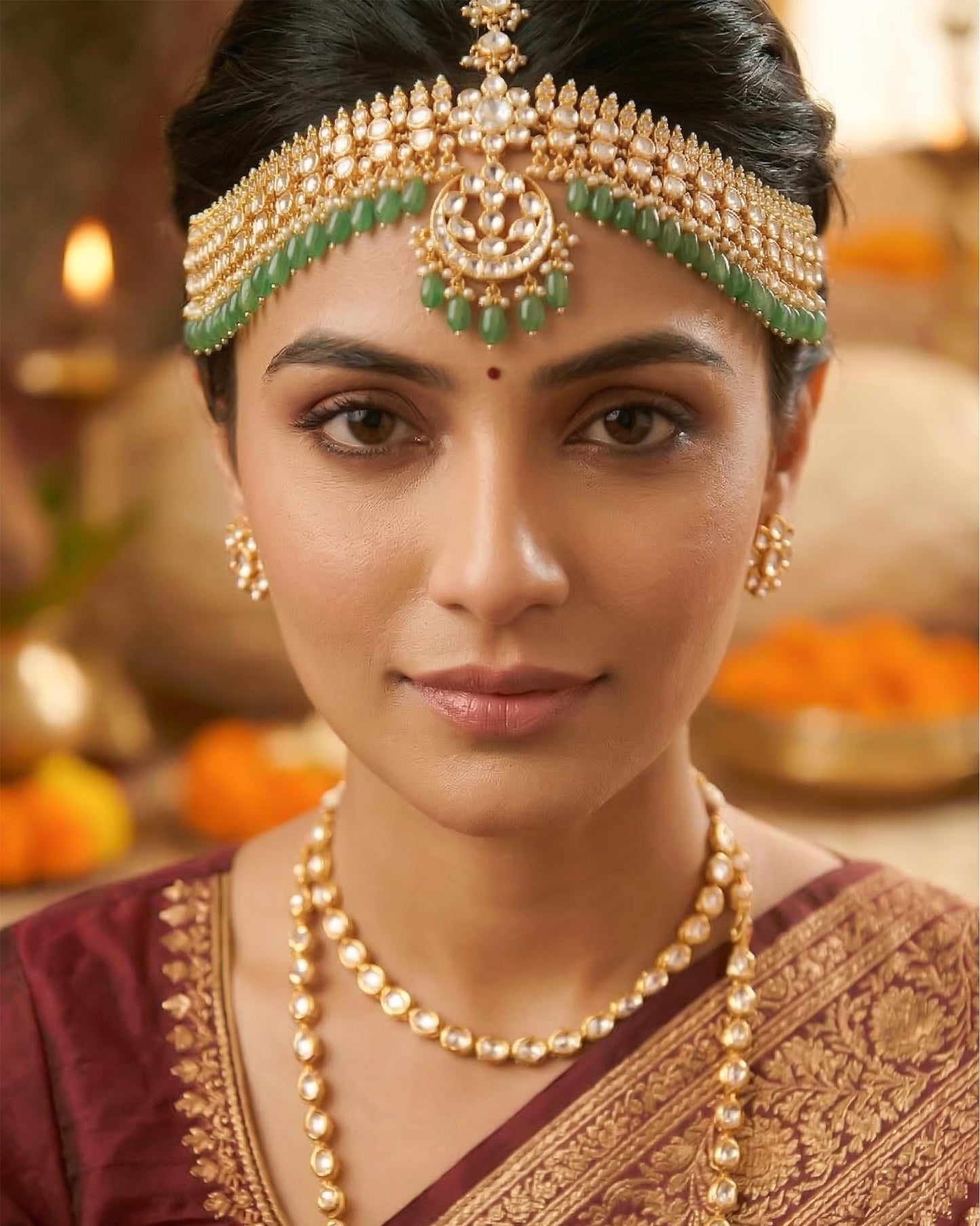 Gold Kundan Pearl Maang Tikka Set, Indian Bridal Headpiece, Wedding Jewelry