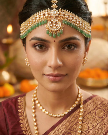 Gold Kundan Pearl Maang Tikka Set, Indian Bridal Headpiece, Wedding Jewelry