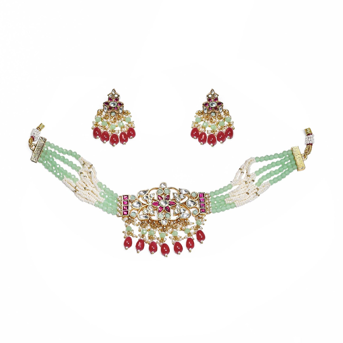 Pink Beaded Kundan Choker Necklace Set, Indian Bridal Jewelry, Gold Plated Choker with Red Drops, Wedding Jewelry Set with Earring Necklace