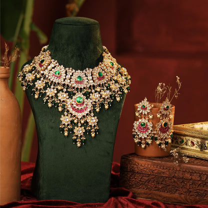 Bridal Kundan Necklace Set, Green Stone Indian Wedding Jewelry, Gold Statement Pink Meenakari Necklace with Earrings Necklace