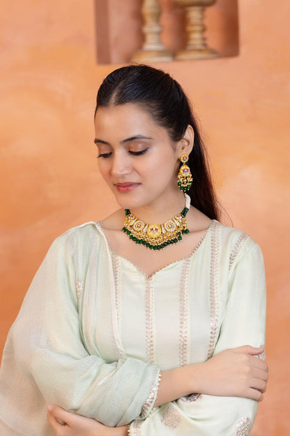 Green Beaded Kundan Choker Necklace Set, Pearl Multi Layer Bridal Jewelry, Indian Wedding Choker, Gold Traditional Necklace with Earrings