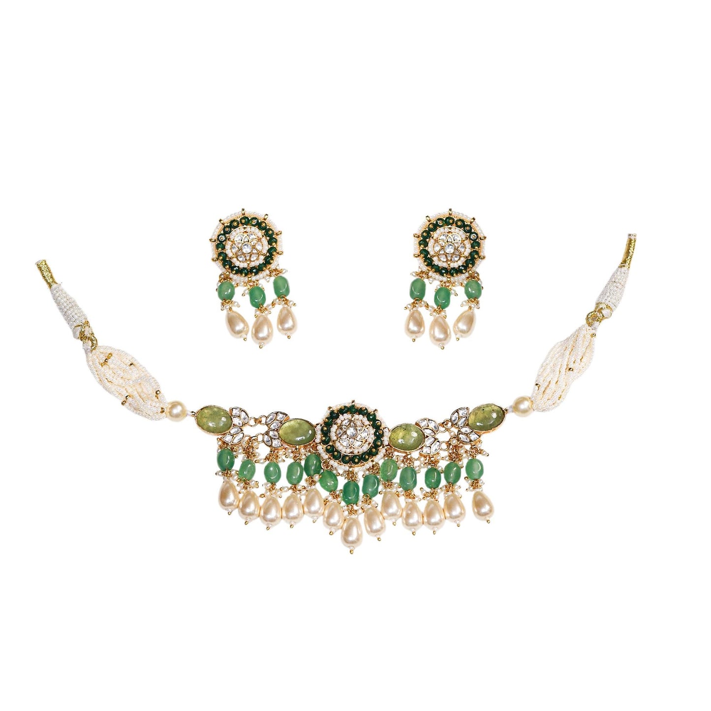 Green Pearl Choker Necklace Set, Polki Kundan Bridal Jewelry, Gold Ethnic Wedding Necklace, Handmade Indian Jewelry Set