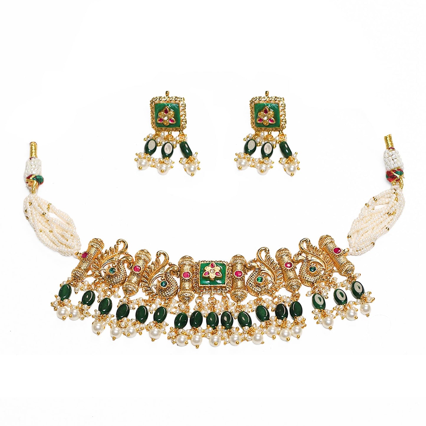 Antique Temple Choker Necklace Set, Green Stone Pearl Bridal Jewelry, South Indian Gold Choker, Traditional Ethnic Wedding Necklace