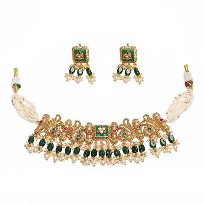 Antique Temple Choker Necklace Set, Green Stone Pearl Bridal Jewelry, South Indian Gold Choker, Traditional Ethnic Wedding Necklace