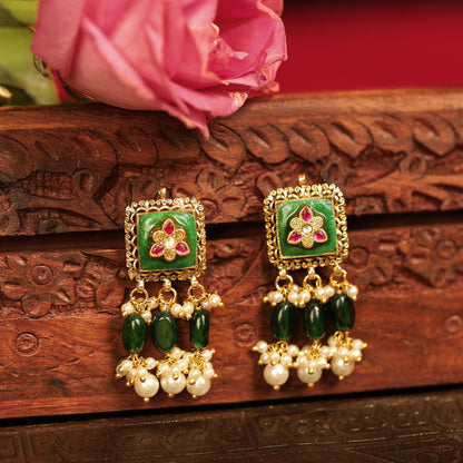 Antique Temple Choker Necklace Set, Green Stone Pearl Bridal Jewelry, South Indian Gold Choker, Traditional Ethnic Wedding Necklace