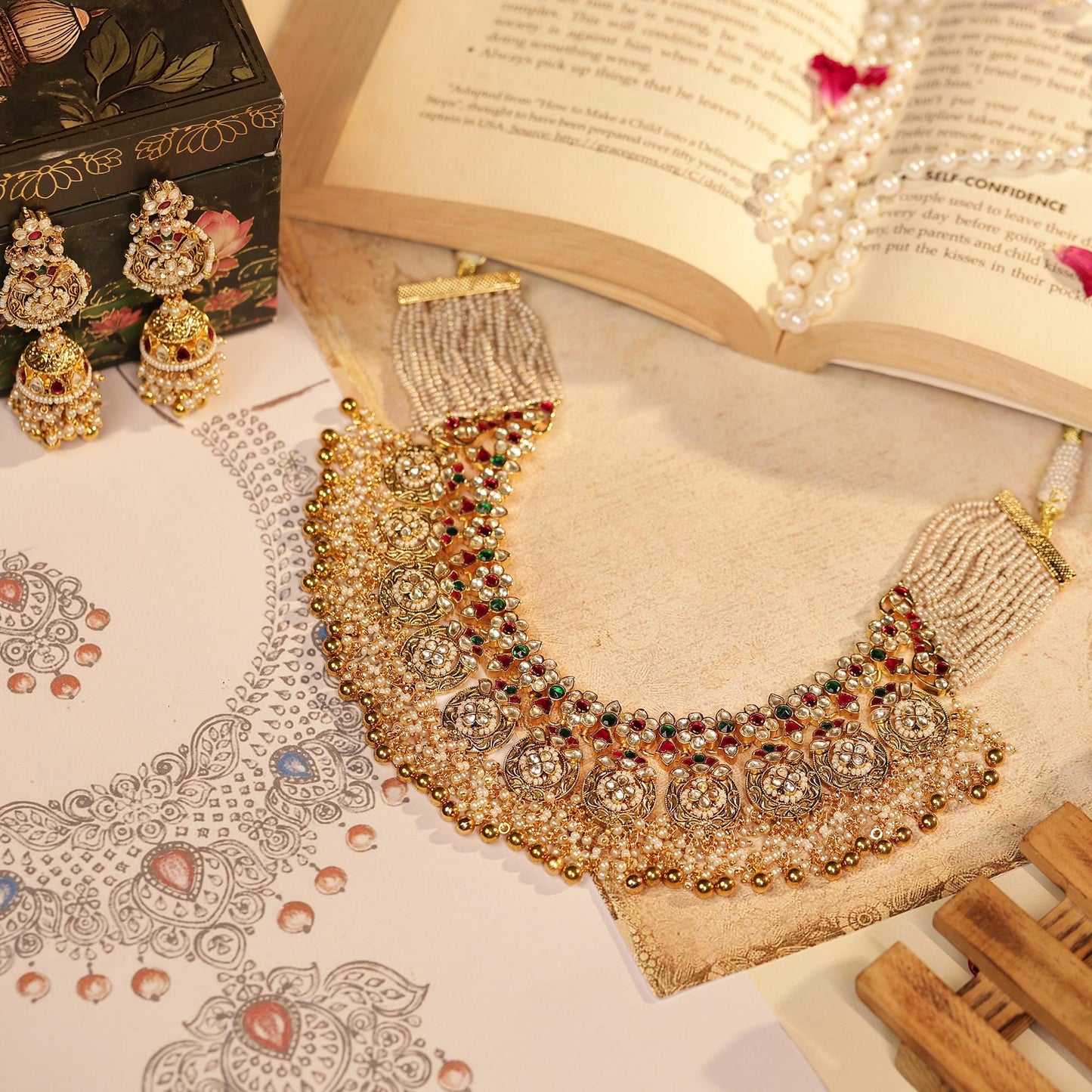 Bridal Kundan Necklace Set with Earrings, Indian Wedding Jewelry, Gold Pearl Choker Set, Traditional Pakistani Bridal Jewelry