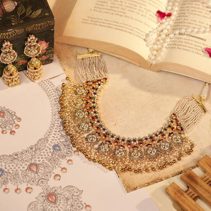 Bridal Kundan Necklace Set with Earrings, Indian Wedding Jewelry, Gold Pearl Choker Set, Traditional Pakistani Bridal Jewelry