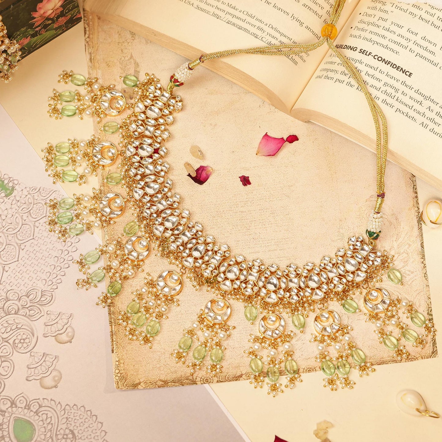Kundan Bridal Necklace Set with Mint Green Beads, Indian Wedding Jewelry Set, Gold Pearl Choker Necklace, Pakistani Bridal Jewelry
