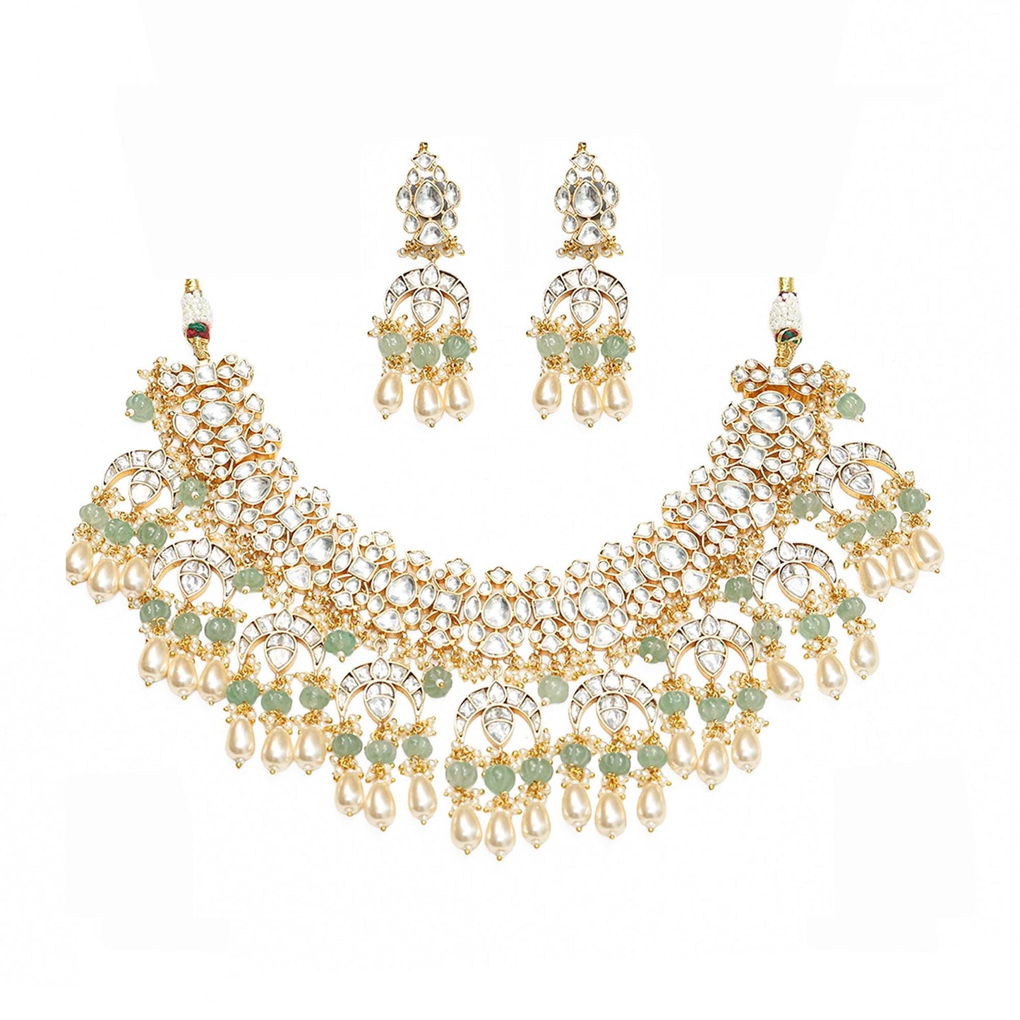 Kundan Bridal Necklace Set with Mint Green Beads, Indian Wedding Jewelry Set, Gold Pearl Choker Necklace, Pakistani Bridal Jewelry