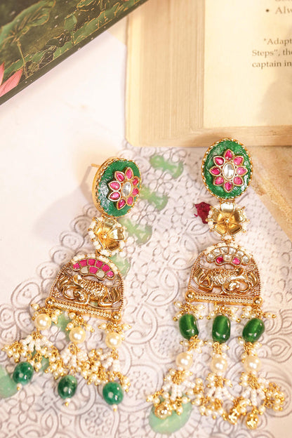 Multi Strand Pearl Choker Necklace Set with Green Kundan Pendant, Indian Bridal Jewelry, Wedding Necklace, Gold Choker with Earrings