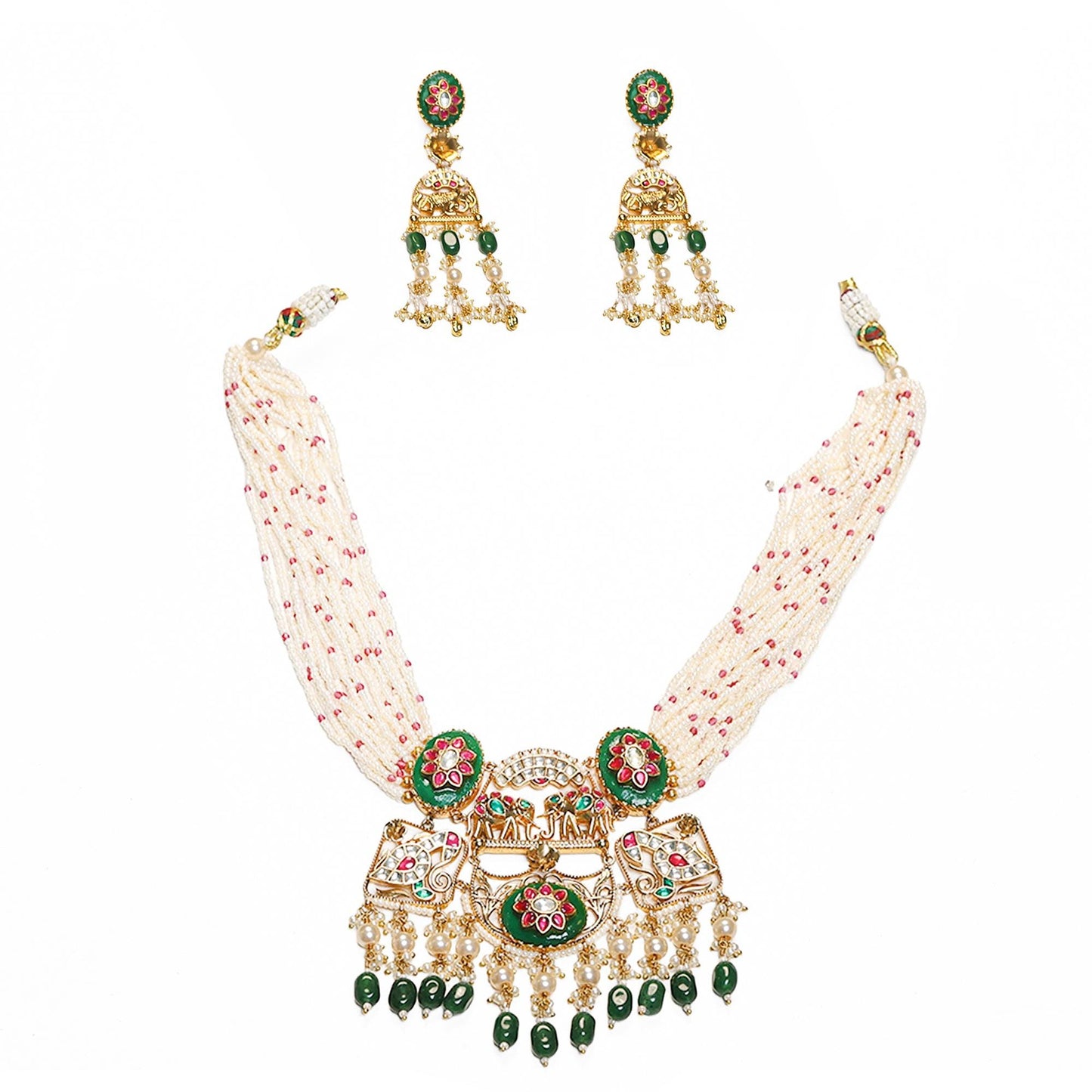 Multi Strand Pearl Choker Necklace Set with Green Kundan Pendant, Indian Bridal Jewelry, Wedding Necklace, Gold Choker with Earrings